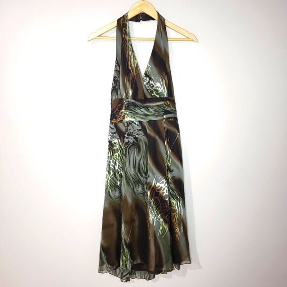 Frank Lyman Size 8 Medium Green Brown Silk Sleeveless Halter Dress - Picture 1 of 11